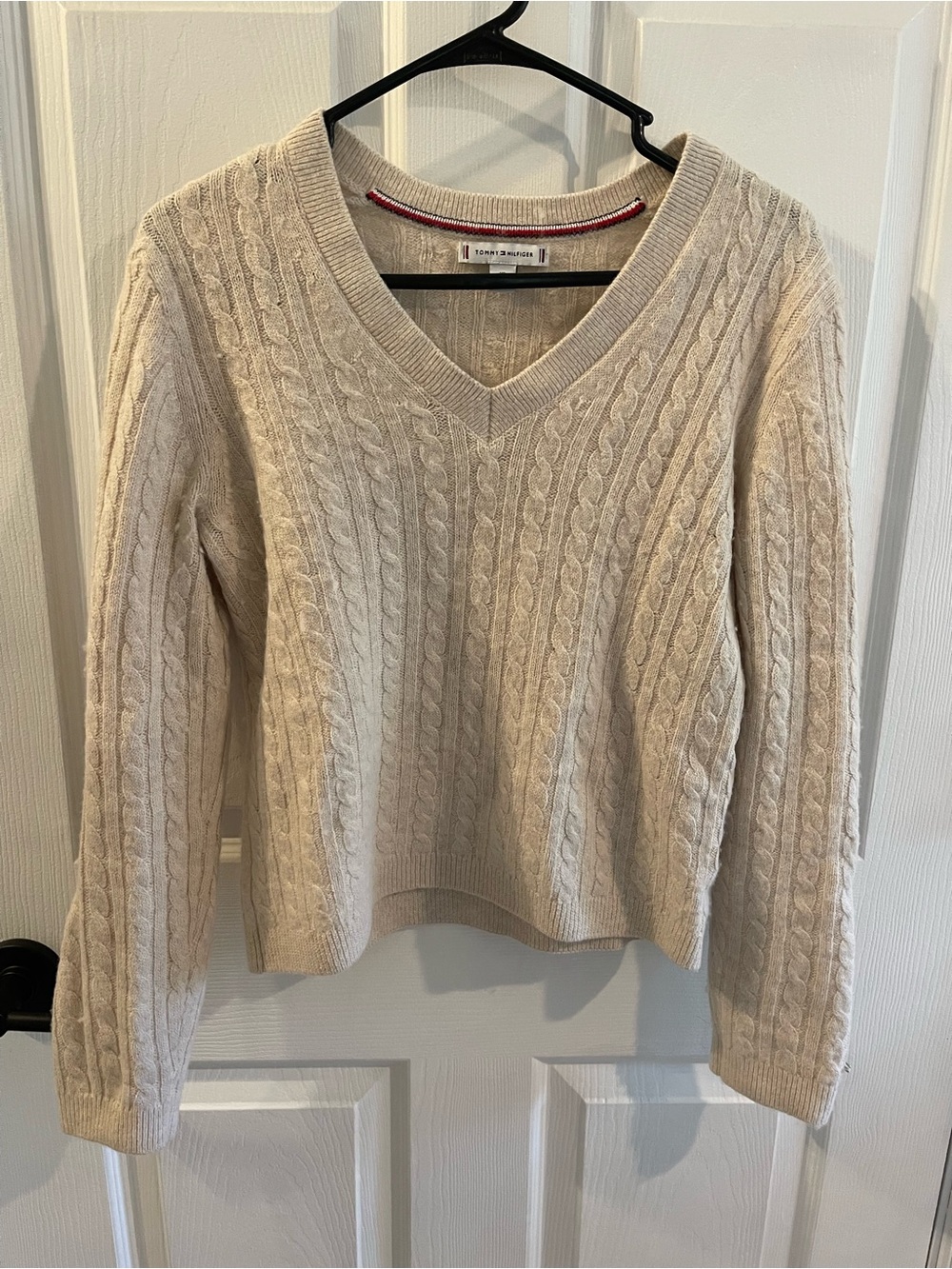 Tommy Hilfiger Cable-Knit V-Neck Sweater in Light Cream